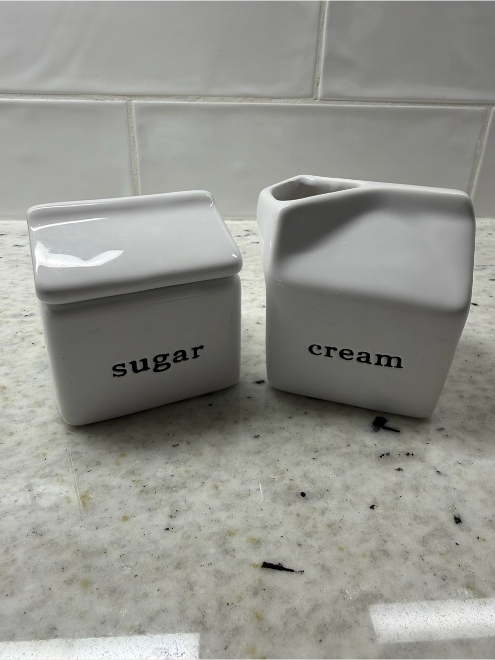 Crate & Barrel Sugar & Cream Ceramic Canister Set White Black Lettering